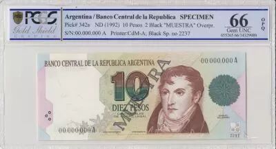 Argentinien 10 Pesos Manuel Belgrano - 1992 - Sp�cimen - PCGS 66 OPQ