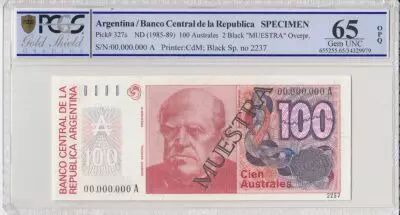Argentinien 100 Australes , D F Sarmiento  - 1985 - Sp�cimen - PCGS 65 OPQ