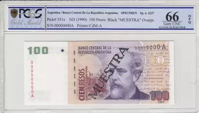 Argentinien 100 pesos, M. Argentino Roca  - 1999 - Sp�cimen - PCGS 66OPQ