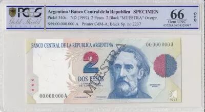 Argentinien 2 Pesos Bartolom� Mitre - Museum  - 1992 - Sp�cimen - PCGS 66 OPQ