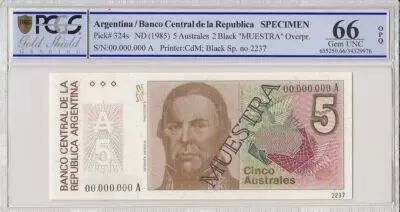Argentinien 5  Australes , J de Urquiza  - 1985 - Sp�cimen - PCGS 66 OPQ