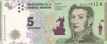 Argentinien 5 Pesos - J. San Martin - Bolivar, Mendoza, Artigas - ND (2015) - Serial A - P.359