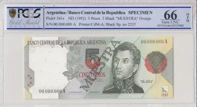 Argentinien 5 Pesos Jose de San Martin - 1992 - Specimen - PCGS 66 OPQ