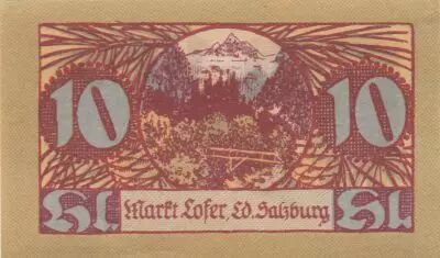 Austria 10 Heller 1921 - Coat of Arms, Mountains - City of Lofer, notgel 1st type