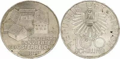 Autriche 100 schilling, 200 e Anniversaire de Inn - 1979