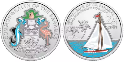 Bahamas 25 Cents 50 Ans Banque Centrale des Bahamas - 2024 - Coloris�e
