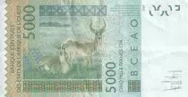 BCEAO 5000 Francs - Masque - Kobus kob - 2017 - Lettre K ( S&eacute;n&eacute;gal ) - P.717kQ