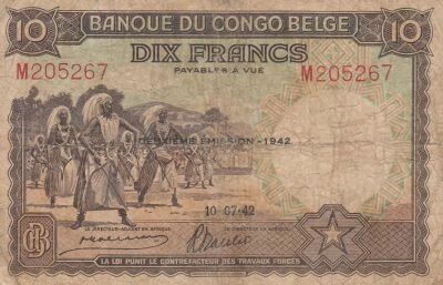 Belgian Congo 10 Francs - Dance - Soldiers - 10-07-1942 - Letter M - P.14B