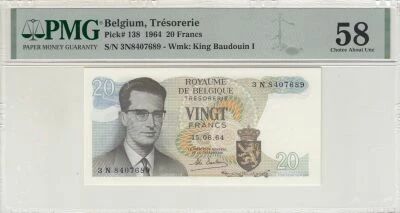 B�lgica 20 Francs - Baudouin I - 1964 - Series N - PMG 58