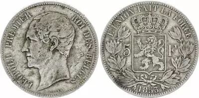 B�lgica 5 Francs - Leopold I - 1853 - Silver - KM.17