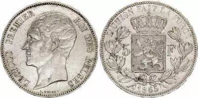 B�lgica 5 Francs, Leopold  I  - 1865