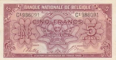 B�lgica 5 Francs 1943 - Red - Serial C1