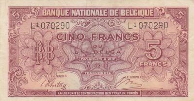 B�lgica 5 Francs 1943 - Red - Serial L1