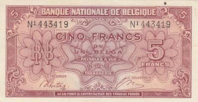 B�lgica 5 Francs 1943 - Red - Serial N1