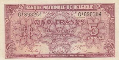 B�lgica 5 Francs 1943 - Red - Serial Q1