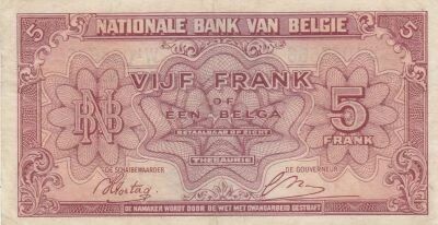 B�lgica 5 Francs 1943 - Red - Serial W1