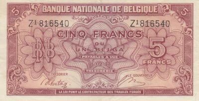 B�lgica 5 Francs 1943 - Red - Serial Z1