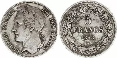 Belgien 5 Francs, Leopold I - 1848