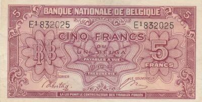 Belgien 5 Francs 1943 - Red - Serial E1