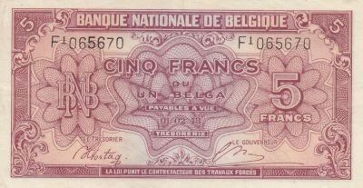 Belgien 5 Francs 1943 - Red - Serial F1