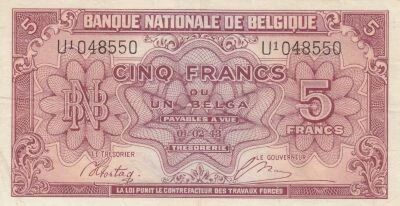 Belgien 5 Francs 1943 - Red - Serial U1
