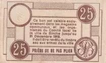 Belgio 25 Centimes - Ville de Binche - Bon de Caisse - 1918