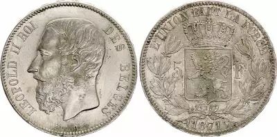 Belgio 5 Francs, Leopold  II  - 1871