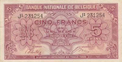 Belgio 5 Francs 1943 - Red - Serial J1