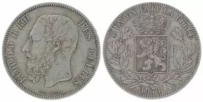Belgio 5 Francs L�opold II - Armoiries - 1871