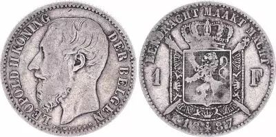 Belgique 1 Franc, L�opold II - Armories- 1887