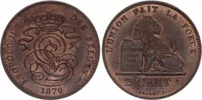 Belgique 2 Centimes L�opold II - Lion  -  1870 - SPL