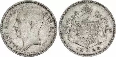 Belgique 20 Francs Albert I - 1934 - Argent - L�gende en flamand