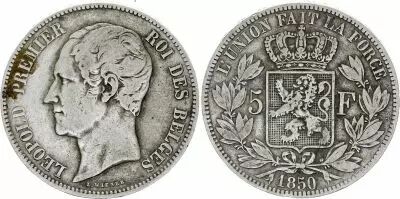 Belgique 5 Francs - L�opold I - 1850 - Argent - KM.17