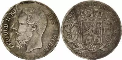 Belgique 5 Francs - L�opold II - Armoiries - 1869