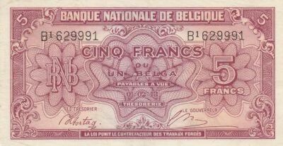 Belgique 5 Francs 1943 - Rouge - S�rie B1