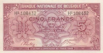 Belgique 5 Francs 1943 - Rouge - S�rie H1