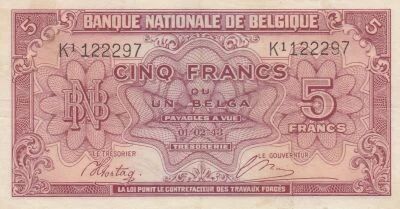 Belgique 5 Francs 1943 - Rouge - S�rie K1