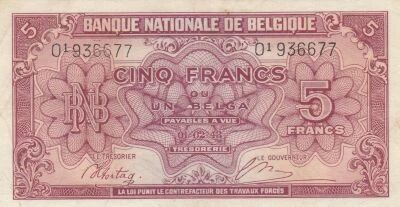 Belgique 5 Francs 1943 - Rouge - S�rie O1