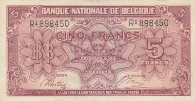 Belgique 5 Francs 1943 - Rouge - S�rie R1