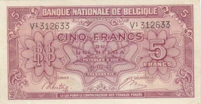Belgique 5 Francs 1943 - Rouge - S�rie V1
