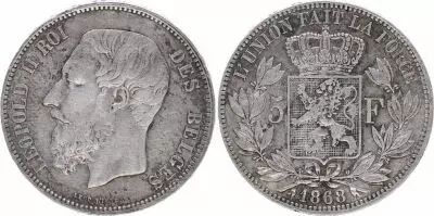 Belgique 5 Francs L�opold II - Armoiries - 1868