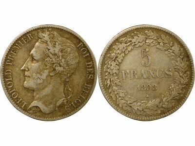 Belgique L�opold I - 5 Francs Argent, T�te laur�e - 1833 Bruxelles