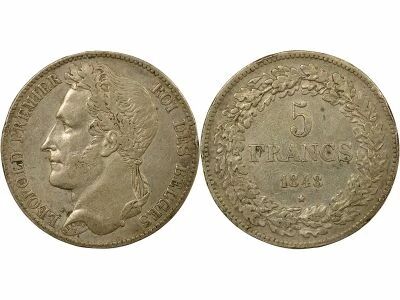 Belgique L�opold I - 5 Francs Argent, T�te laur�e - 1848 Bruxelles