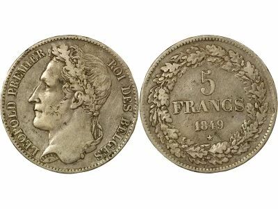 Belgique L�opold I - 5 Francs Argent, T�te laur�e - 1849 Bruxelles