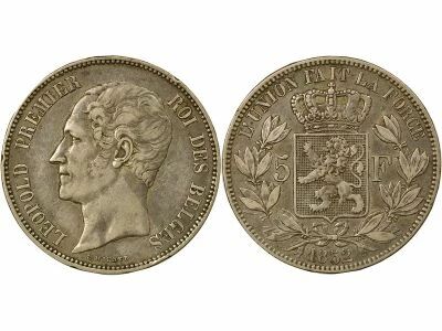 Belgique L�opold I - 5 Francs Argent, T�te nue - 1852 Bruxelles