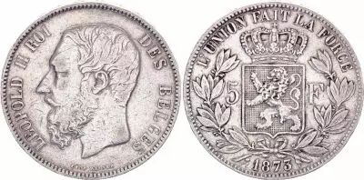 Belgium 5 Francs, Leopold  II  - 1873