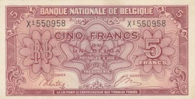 Belgium 5 Francs 1943 - Red - Serial X1