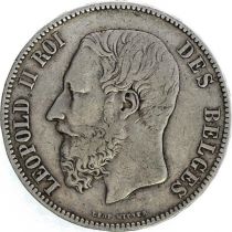 Belgium KM.24 5 Francs, Leopold II - Arms - 1874