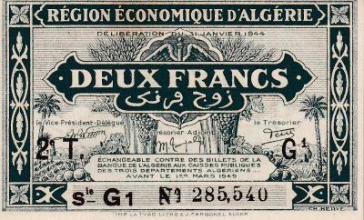 Billet Algerien 2 francs 1944
