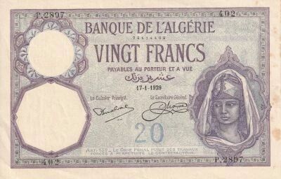Billet Algerien 20 francs 1929